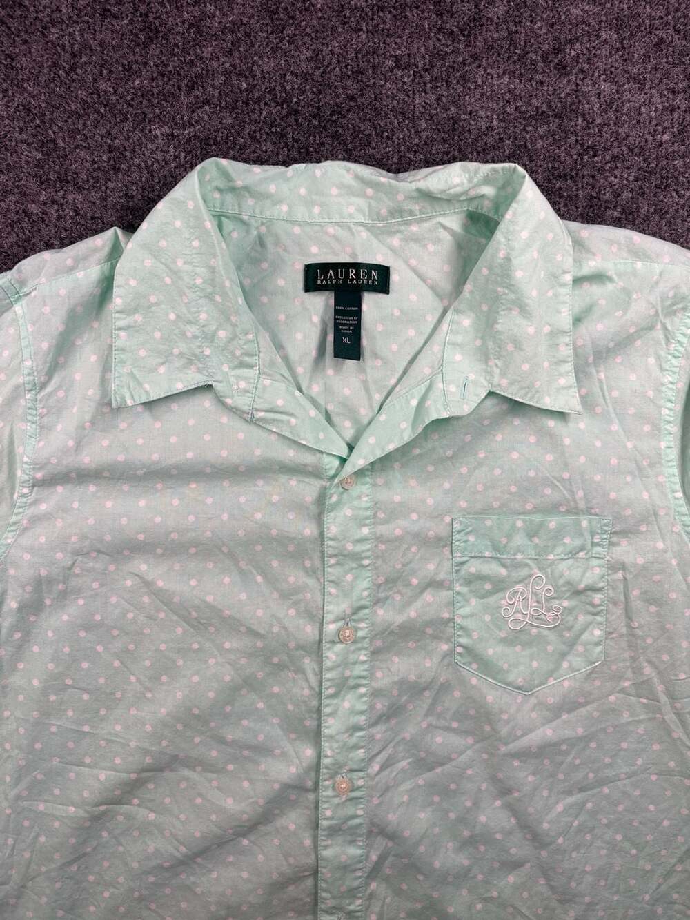 Lauren Ralph Lauren Mint Green Polka Dot Button-Down Nightgown Size XL